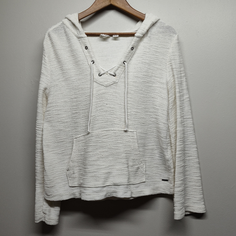 Roxy Hooded Sweatshirt Women Size XS White Textured Organic Cotton Blend Beachy